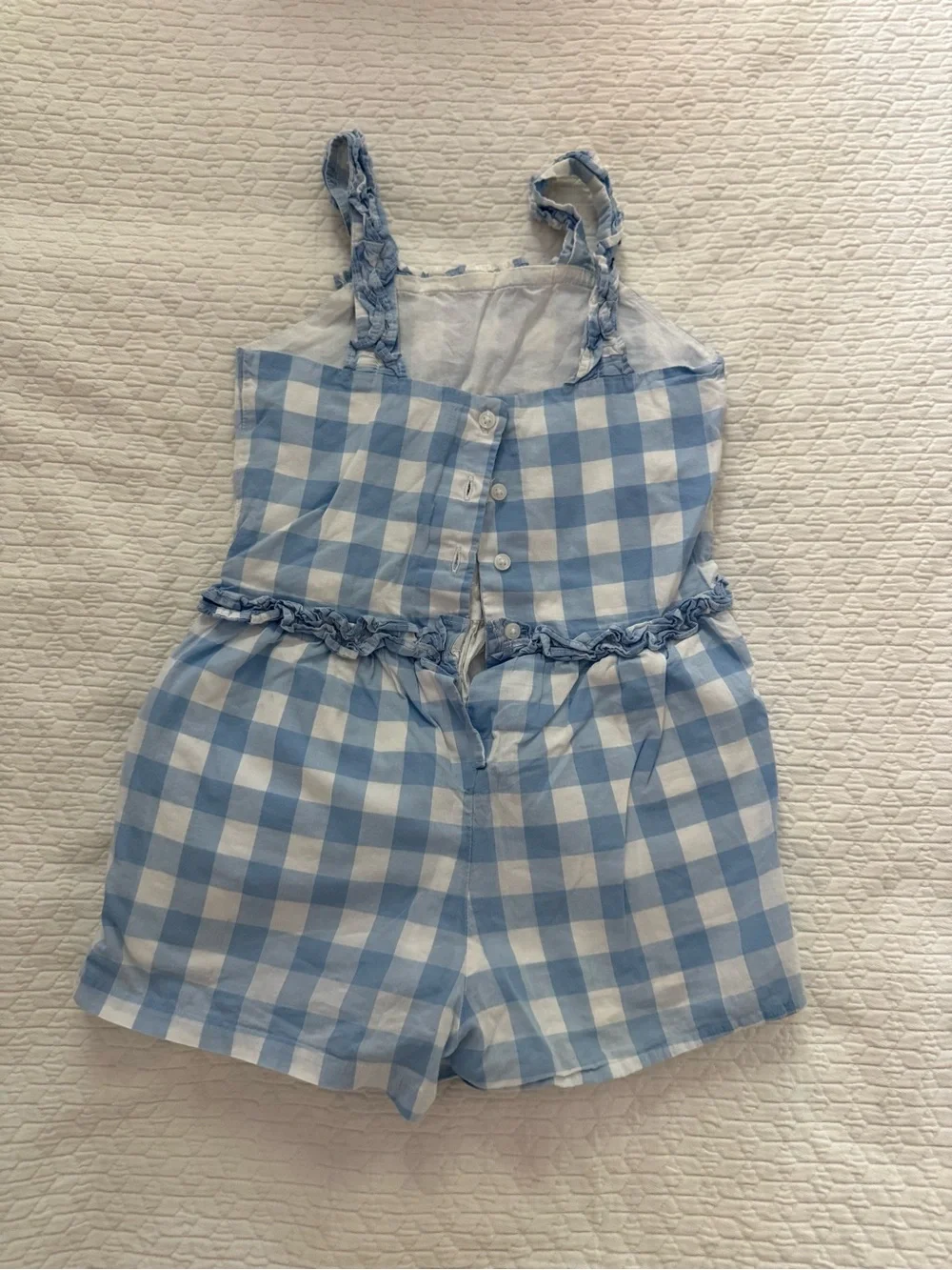 Janie and Jack Blue and White Gingham Romper with Ruffle Trim